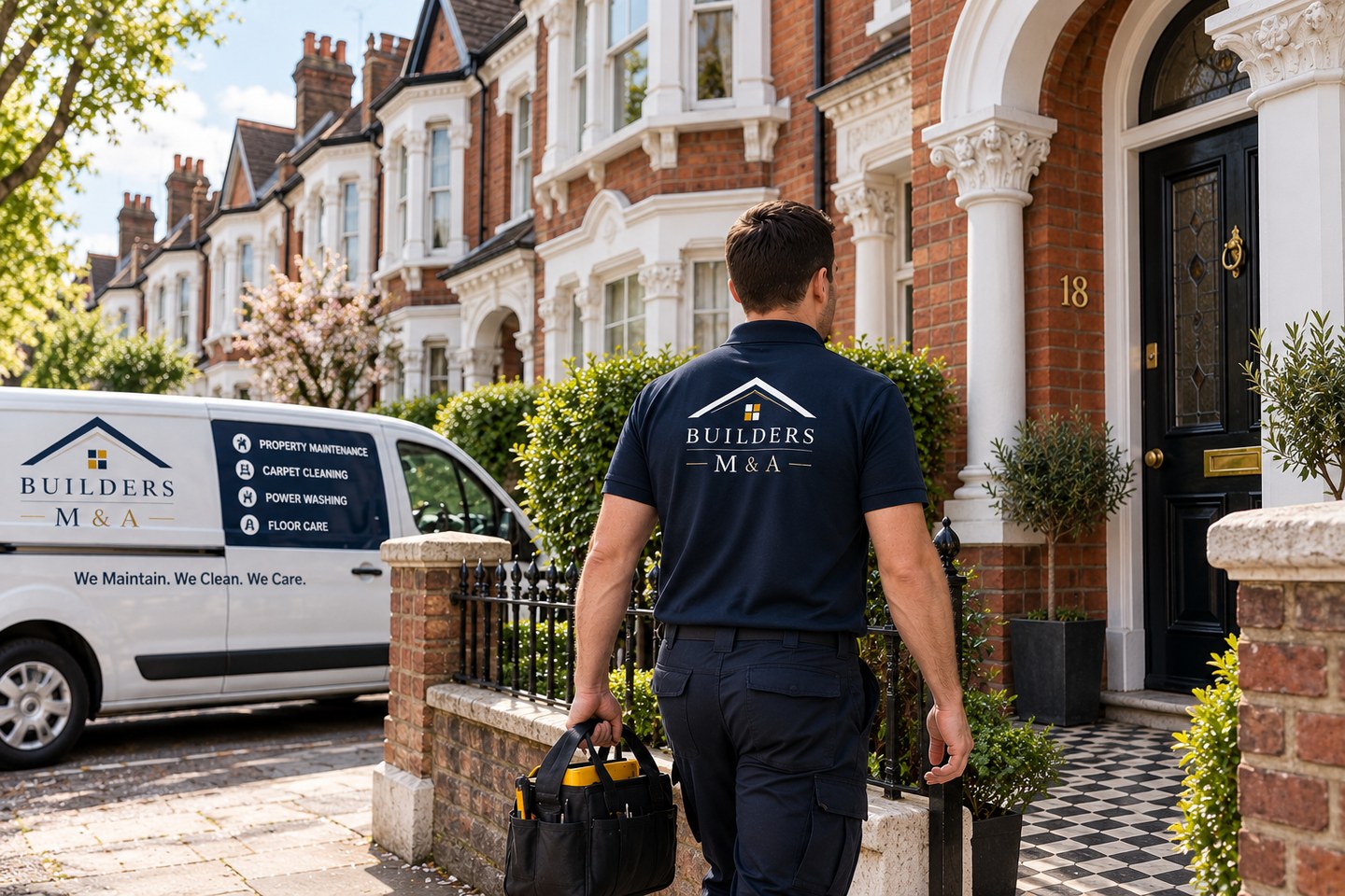 Builders M&A uniformed worker approaching a Victorian house with the branded company van visible in the background