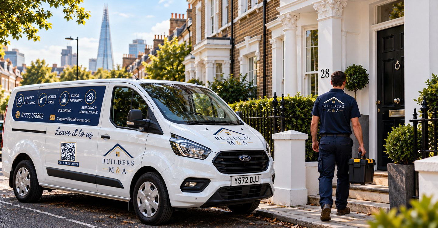 Builders M&A branded company van parked outside a London residential property