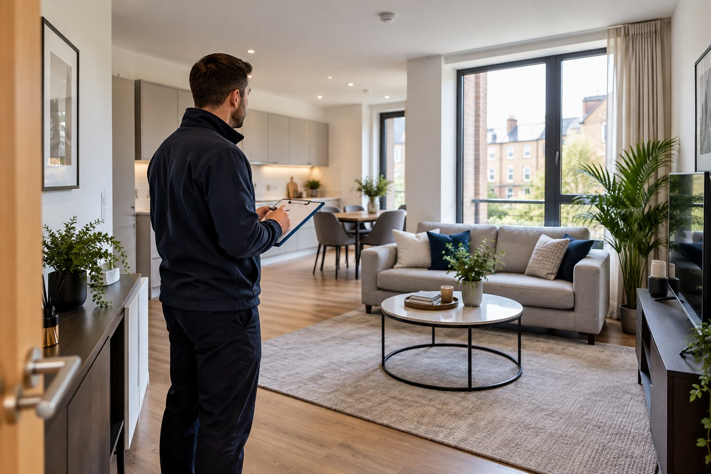 Property professional inspecting a well-maintained residential property