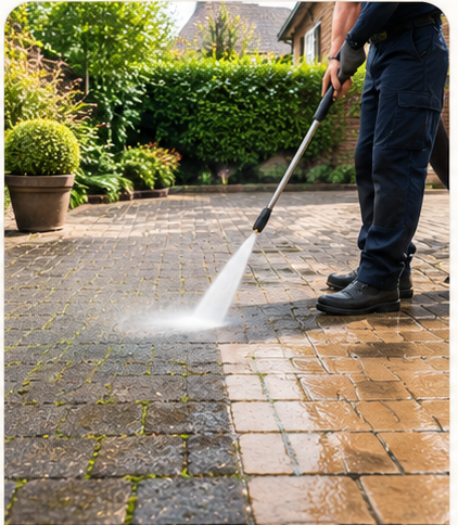 Professional pressure washing of exterior paving